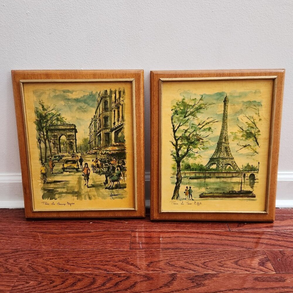 Peter Arno Set of 2 Watercolor Painting Lithograph on Wood Parisian Eiffel Tower